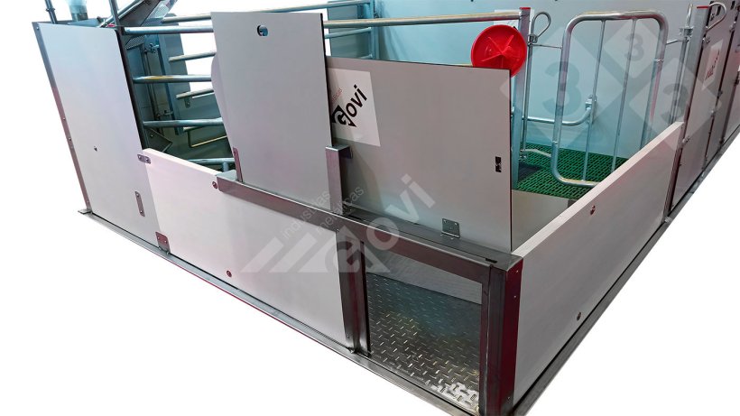 Figure 1. Farrowing pen with doors that give piglets access to the neighboring nesting area or pen.